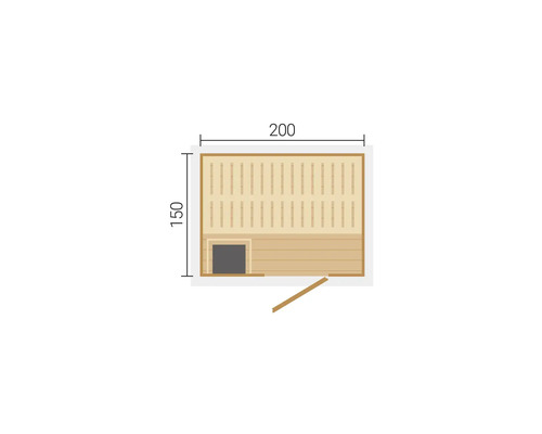 Grundriss einer Sauna mit den Maßen 200 mal 150 Zentimeter