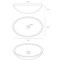 Zeichnung einer Waschschüssel mit den Massen 50 cm x 38 cm x 14 cm.