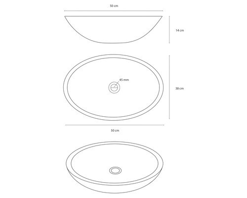 Zeichnung einer Waschschüssel mit den Massen 50 cm x 38 cm x 14 cm.
