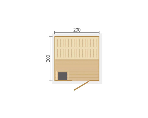 Grundriss einer Sauna mit den Maßen 200 mal 200 Zentimeter.