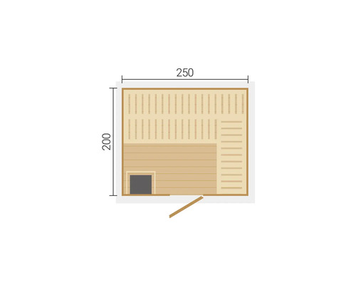 Grundriss einer Sauna mit den Maßen 250 x 200 Zentimeter.