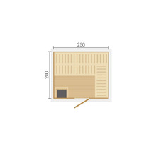 Grundriss einer Sauna mit den Maßen 250 mal 200 Zentimeter