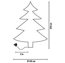 Skizze eines Weihnachtsbaumes mit den Maßen 210 cm Höhe, 145 cm Durchmesser und 2 m Zuleitung