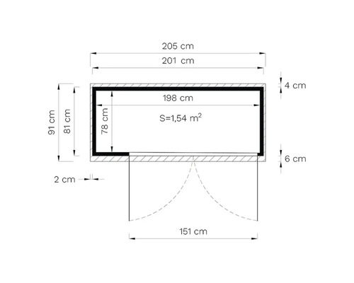 Technische Zeichnung mit Maßangaben eines Gerätehauses
