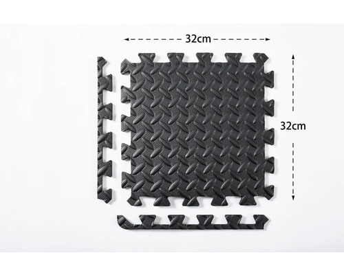 Schwarze, quadratische Puzzlematte mit 32 Zentimeter Seitenlänge und Randstücken