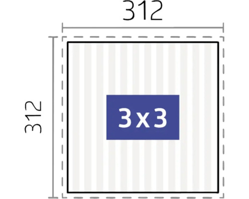 Technische Zeichnung mit Maßangaben 312 mal 312 und der Aufschrift 3 mal 3
