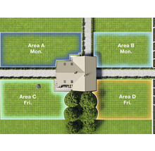 Draufsicht auf ein Haus mit Garten, aufgeteilt in Mähbereiche mit Zeitplan