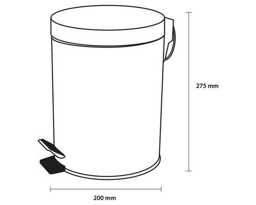 Abbildung eines Treteimer mit den Massen 275 mm Höhe und 200 mm Breite.