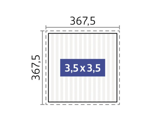 Quadratische Abdeckung mit den Maßen 367,5 x 367,5 cm und einem zentralen Bereich von 3,5 x 3,5 cm