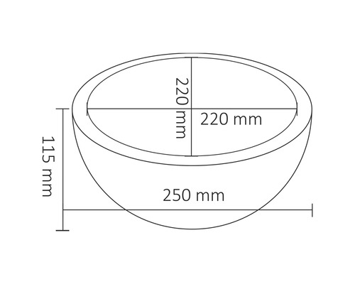 Technische Zeichnung einer Schale mit den Maßen 220 mm, 115 mm und 250 mm.
