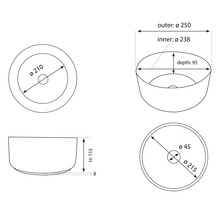 Technische Zeichnung eines Aufsatzwaschbeckens mit Maßangaben