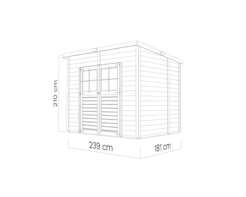 Zeichnung eines Gartenhauses mit den Maßen 239 x 181 x 210 cm