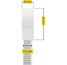 Abbildung eines weißen Gardinenbandes mit den Maßen 30 mm breit, 85 mm lang und 14 mm hoch