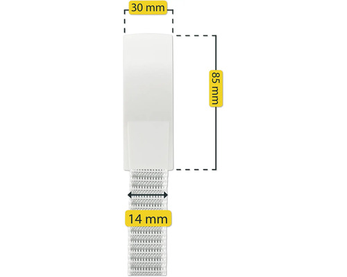 Abbildung eines weißen Gardinenbandes mit den Maßen 30 mm breit, 85 mm lang und 14 mm hoch