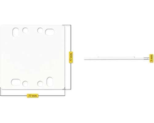 Schalterabdeckung mit den Maßen 77 mm mal 77 mm und einer Dicke von 3 mm.