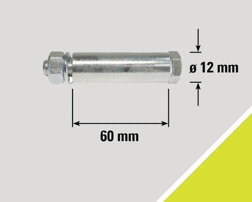 Abbildung eines Bolzens mit Mutter und Maßangaben: Durchmesser 12 mm, Länge 60 mm.