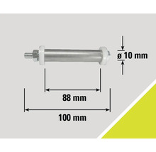 Abgebildet ist ein Bolzen mit einer Länge von 100 Millimetern und einem Durchmesser von 10 Millimetern.