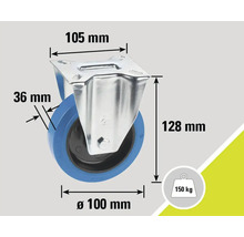 Lenkrolle mit den Maßen 105 mm x 128 mm x Durchmesser 100 mm und einer Traglast von 150 kg