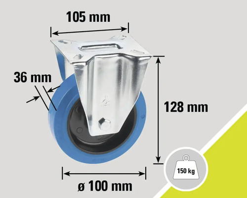 Lenkrolle mit den Maßen 105 mm x 128 mm x Durchmesser 100 mm und einer Traglast von 150 kg
