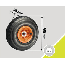 Rad mit einer Breite von 85 Millimetern, einem Durchmesser von 260 Millimetern und einer Tragfähigkeit von 200 Kilogramm