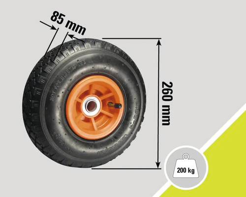 Rad mit einer Breite von 85 Millimetern, einem Durchmesser von 260 Millimetern und einer Tragfähigkeit von 200 Kilogramm