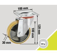 Lenkrolle mit den Maßen 100 mm x 100 mm (Platte), 128 mm (Höhe) und 30 mm (Raddicke). Belastbarkeit bis 200 kg.