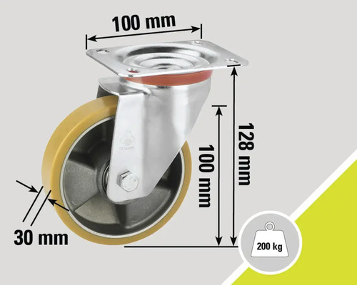 Lenkrolle mit den Maßen 100 mm x 100 mm (Platte), 128 mm (Höhe) und 30 mm (Raddicke). Belastbarkeit bis 200 kg.