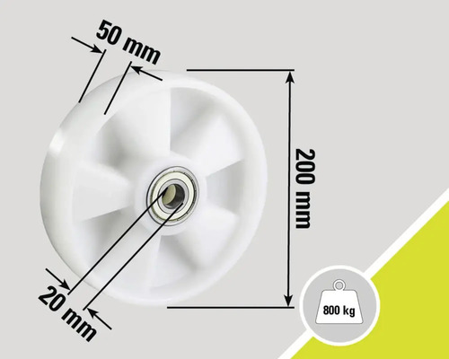 "Weißes Rad mit den Maßen 200 mm Höhe, 50 mm Breite und 20 mm Durchmesser