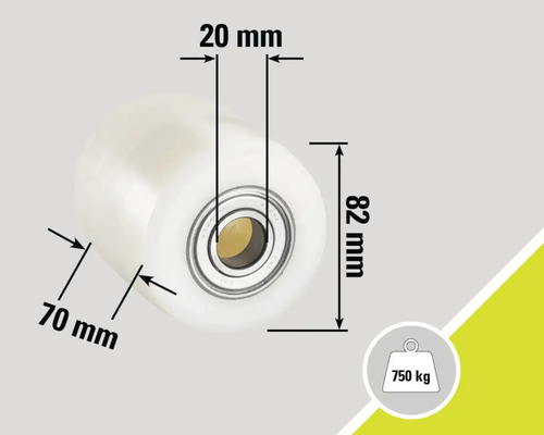 Rolle mit den Maßen 20 mm, 70 mm und 82 mm sowie einer Traglast von 750 kg