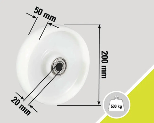 Rollenmaßangaben: 200 mm Durchmesser, 50 mm Radbreite, 20 mm Achsbohrung, Traglast 500 kg