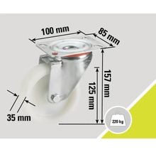 Rolle mit Platte, Maße 100 mm x 85 mm, Raddurchmesser 125 mm, Radbreite 35 mm, Bauhöhe 157 mm, Traglast 220 kg