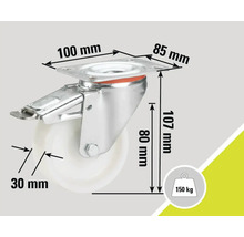 "Rollenbock mit Bremse und Abmessungen: 100 mm x 85 mm Montageplatte, 107 mm Höhe, 80 mm Achsenhöhe und 30 mm Raddurchmesser