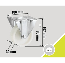 Rollenuntersatz mit einer Traglast von 150 Kilogramm und den Maßen 100 x 107 x 30 Millimeter.