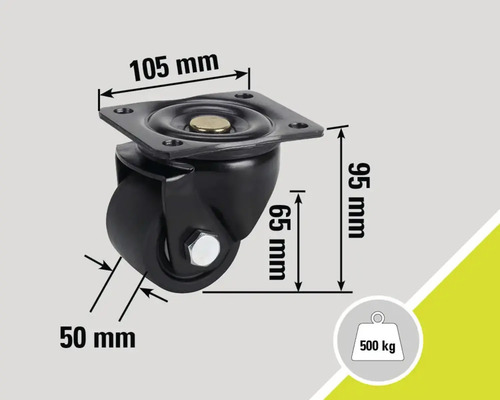 Lenkrolle mit den Maßen 105 mm mal 95 mm und einer Traglast von 500 kg
