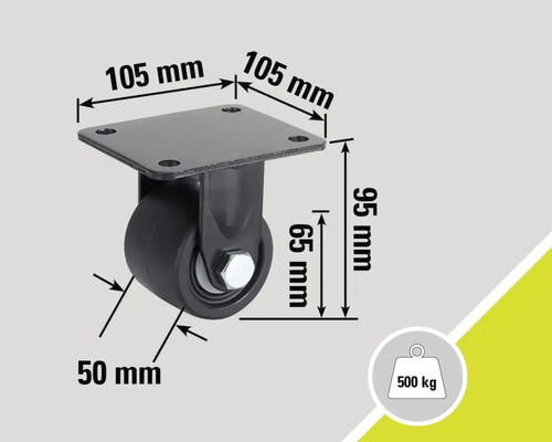 Lenkrolle mit den Maßen 105 mm x 105 mm x 95 mm und einer Traglast von 500 kg
