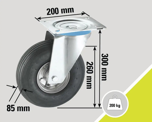 Lenkrolle mit Gummirad, Tragkraft 200 kg, Maße 200 x 300 mm