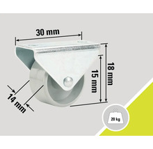 Lenkrolle mit den Maßen 30 mm mal 18 mm, Raddurchmesser 14 mm, Traglast 20 kg