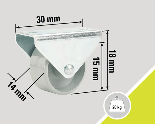 Lenkrolle mit den Maßen 30 mm mal 18 mm, Raddurchmesser 14 mm, Traglast 20 kg