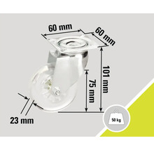 Möbelrolle mit den Maßen 60 mm x 60 mm x 101 mm und einer Traglast von 50 Kilogramm
