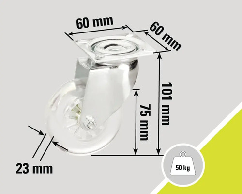 Möbelrolle mit den Maßen 60 mm x 60 mm x 101 mm und einer Traglast von 50 Kilogramm