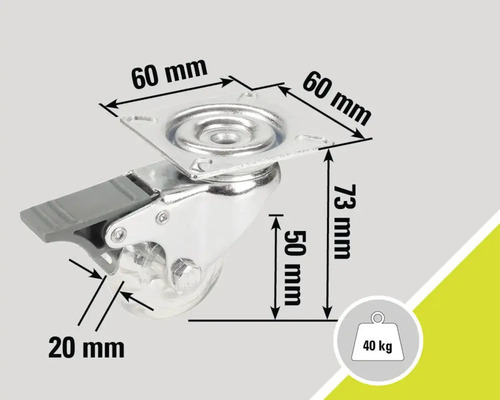 Lenkrolle mit Bremse, Maße 60 x 60 x 73 mm, Radgröße 50 mm, Traglast 40 kg