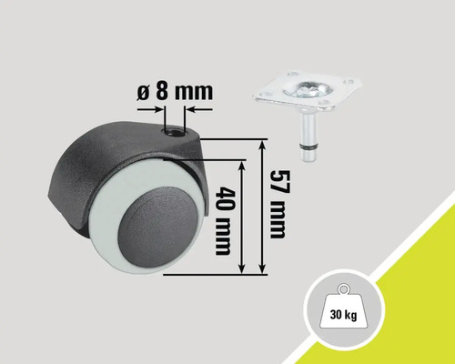 Möbelrolle mit Stift und Platte, Traglast 30 kg