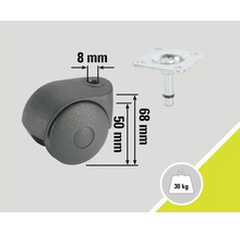 Möbelrolle mit Stift und Platte, Traglast bis 30 Kilogramm