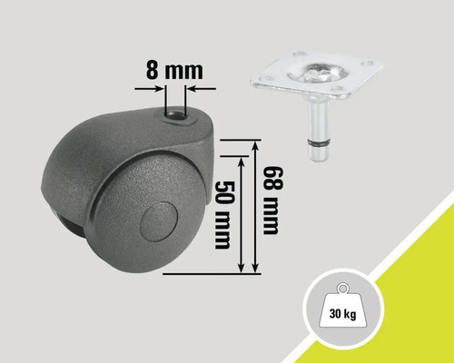 Möbelrolle mit Stift und Platte, Traglast bis 30 Kilogramm