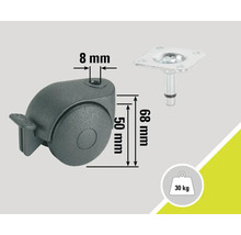 Möbelrolle mit Feststellbremse und Befestigungsplatte, Belastbarkeit bis 30 Kilogramm, Durchmesser 50 Millimeter