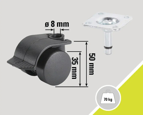 Möbelrolle mit Feststeller, 35 mm Raddurchmesser und 70 kg Traglast