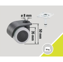 Möbelrolle mit Stift, 50 mm Höhe und 70 Kilogramm Traglast