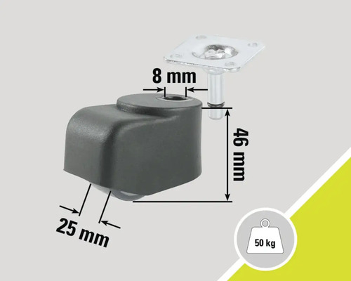 Möbelrolle mit Platte, 50 Kilogramm Tragkraft und Maßangaben