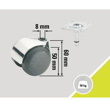 Möbelrolle mit einer Traglast von 50 Kilogramm, einer Höhe von 60 Millimetern und einem Stiftdurchmesser von 8 Millimetern