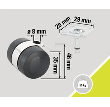 Möbelrolle mit Platte und technischen Maßen, Belastbarkeit 50 Kilogramm